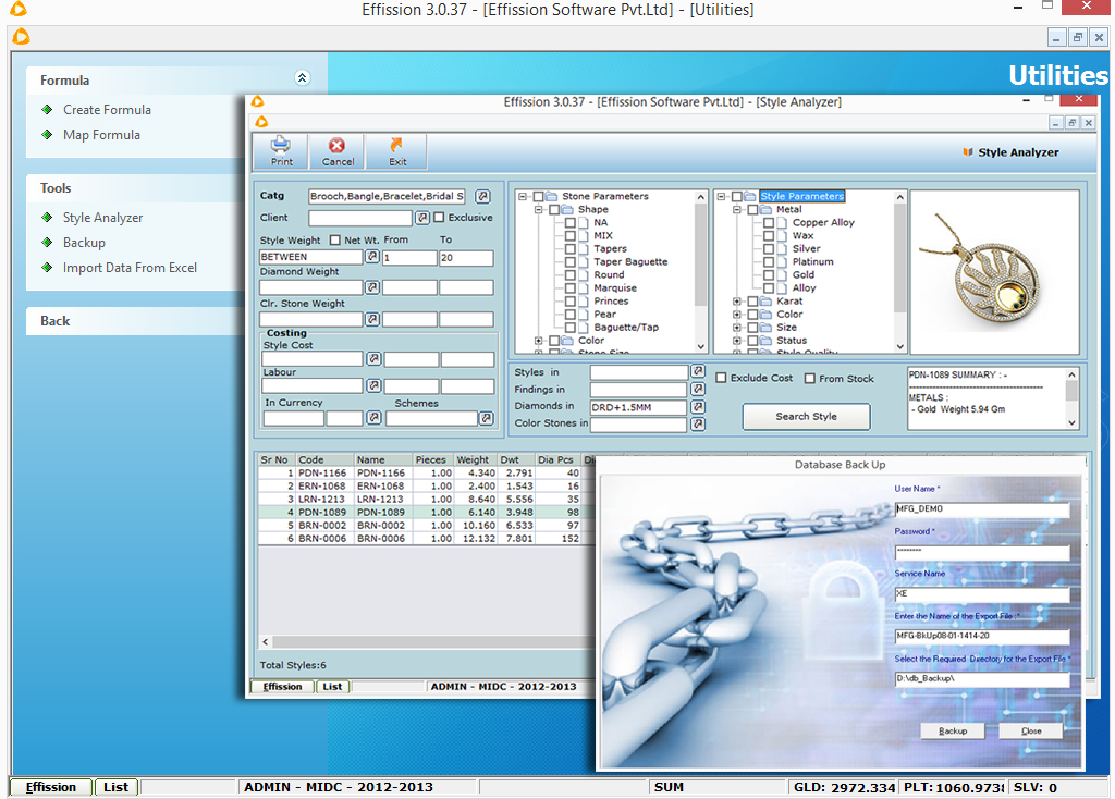 Screenshot of Effission jewellery manufacturing software